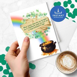 Printable Rainbow St. Patrick’s Day Card, Lucky Shamrock Greeting Card, Irish Pot of Gold Greeting Note, St. Patty’s Day Instant Download