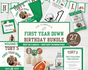 Paquete de cumpleaños para el primer año, decoración para fiesta de fútbol, imprimibles editables para fiesta de fútbol, plantilla de Canva para primer cumpleaños FD2024