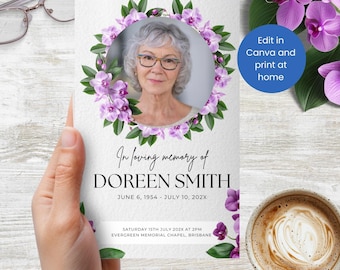 Bewerkbare sjabloon voor begrafenisprogramma met paarse orchideeën, afdrukbare orde van dienst met overlijdensbericht, boekje met elegante bloemen herdenkingsdienst