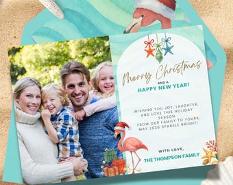 Tropische Küsten Weihnachten Foto Karte Vorlage, Ocean Frohe Weihnachten Happy New Year Gruß, Strand Urlaub Karte Printable TC2025