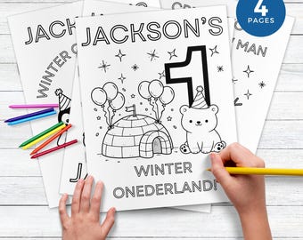 Winter Onederland Colouring Pages for 1st Birthday Party, Editable Winter Theme Printable Activity, Snow Animal Colouring Sheets WO2025
