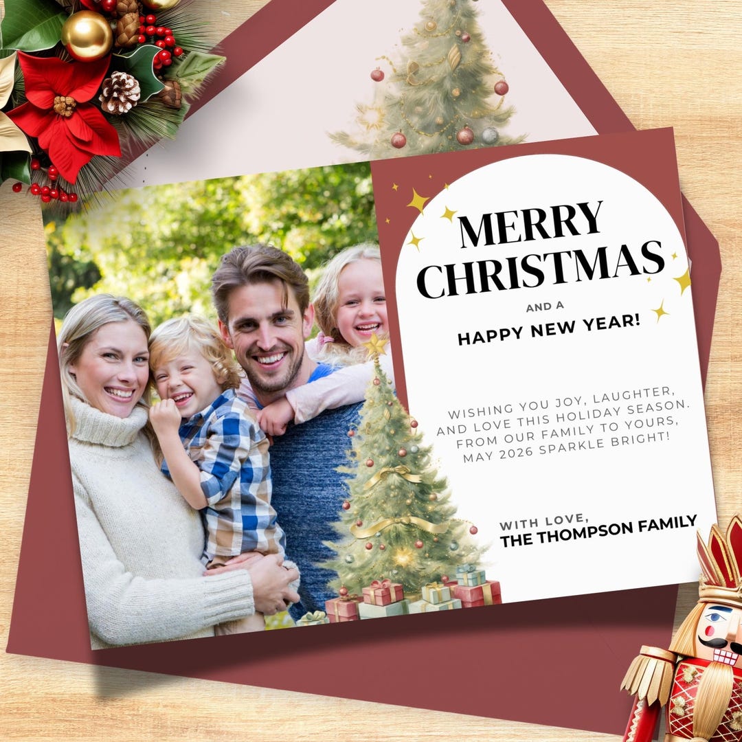 Tree Photo Cards Personalized Christmas Tree Photo Card Template With Family Name, Merry ...