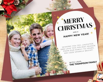 Personalized Christmas Tree Photo Card Template with Family Name, Merry Christmas Happy New Year Greeting, Holiday Card Printable MRC2025