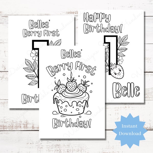 Berry First Birthday Editable Canva Template, Berry Party Personalised Printable, Strawberry Birthday Party Favour Digital Colouring Page