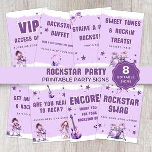 Rockstar Birthday Party Sign Bundle, Editable Purple Music Themed Birthday Table Signs Package, Popstar Celebration Décor for Kids PR2024