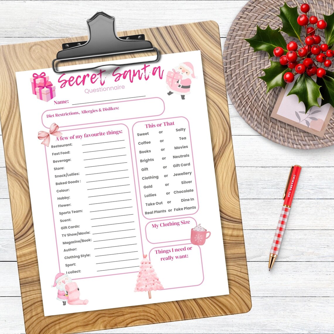Santa Questionnaire, Pink Christmas Theme Secret Santa Gift Exchange ...