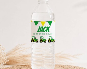 4th Tractor Birthday Water Bottle Label Template, Farm Party for Toddler Bottle Wrapper, Green Tractor Party Favor, Canva Template 23WC003