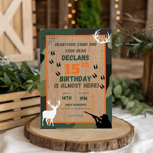 Inbjudan till 15-års jaktfödelsedag, rustik hjortfestinbjudan, redigerbar kamouflagemall för barn utomhus tonårsfirande HCP2025