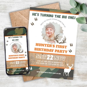 Inbjudan till The Big One Hunting med foto, inbjudan till första festen med hjortjaktskamouflage, digital mall för pojkars födelsedagsfest HCP2024