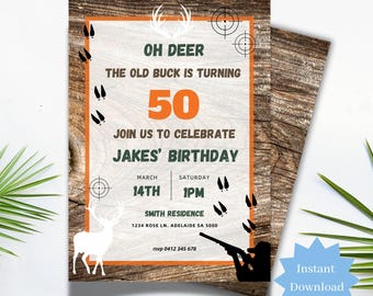 50th Old Buck Deer Hunting Birthday Party Invitation Printable Camo Party Digital Invite, Hunting Celebration Editable Canva Template