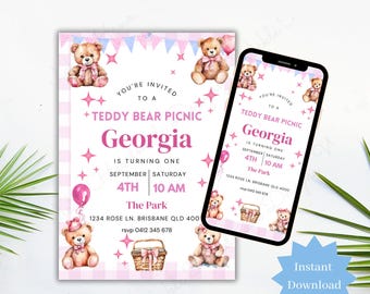 Pink Teddy Bear Picnic Birthday Invitation, Printable Kids Party Digital Invite, Gingham Party Celebration Editable Canva Template