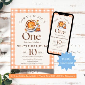 Cutie Pie First Birthday Invitation Template, Watercolour  Pumpkin Pie 1st Party Printable Digital Invite, Fall Autumn Celebration Editable