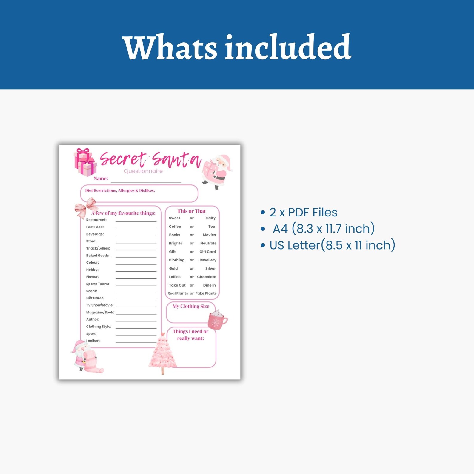 Santa Questionnaire, Pink Christmas Theme Secret Santa Gift Exchange ...