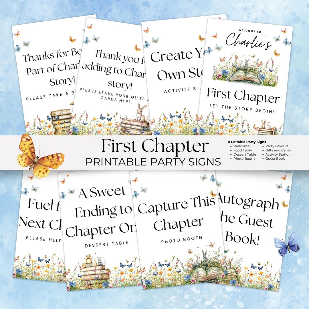 First Chapter Birthday Décor Party Signs Canva Template, Book Theme ...