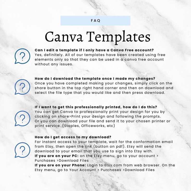 a white marble background with blue text that says canva templates
