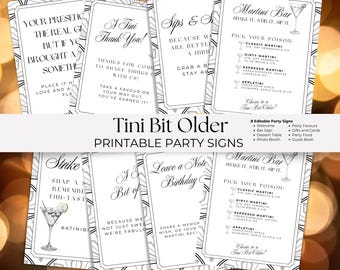 Placas de festa Tini Biter Older, Placa de boas-vindas de aniversário com Martini, Decoração de festa editável, Modelo personalizável, Exibição para festa de aniversário de adulto TO2025