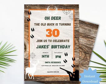 30th Old Buck Deer Hunting Birthday Party Invitation Printable Camo Party Digital Invite, Hunting Celebration Editable Canva Template