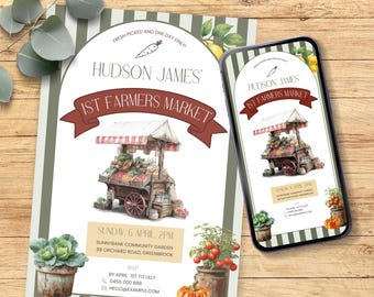 Farmers Market 1st Birthday Invite Digital Editable Template, First Birthday Rustic Invitation , Locally Grown Themed Party Printable