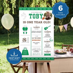 Tabellone per le tappe del primo anno di compleanno, poster decorativo per il primo compleanno a tema calcio, modello Canva, decorazione per feste con cartello modificabile, FD2024