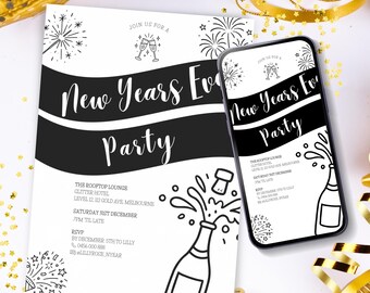 May include: A New Year's Eve party invitation and a smartphone displaying the same design. The invitation and phone screen feature a black and white design with fireworks, champagne bottles, and the text "New Years Eve Party".