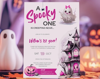 Pink Spooky One Invitation, Editable Halloween Pumpkin Birthday Invite, Cute Girly Ghost Party Template, Digital Download for Kids PSO2025