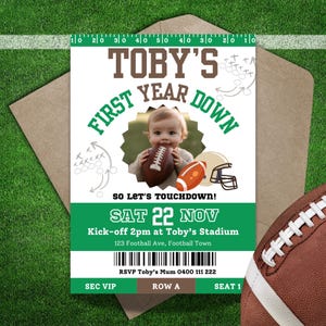 First Year Down Birthday Invitation with Photo, Football Themed 1st Birthday Party Invite, Touchdown Celebration for Boys FD2024