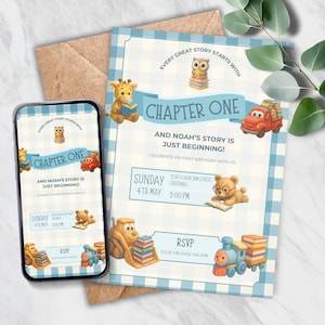 First Chapter Invitation, Editable Storybook Birthday Invite, Book Themed 1st Birthday Party for One Year Old, Instant Download FCB2025