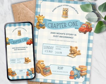 Invitación de primer capítulo, invitación de cumpleaños editable de cuento de hadas, fiesta de primer cumpleaños con temática de libros para niños de un año, descarga instantánea FCB2025