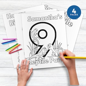 May include: A set of four printable colouring pages featuring the text Samantha's Reptile Party and a large number nine. The pages include line art illustrations of a lizard, a turtle, and an iguana surrounded by grass. Coloured pencils are included.