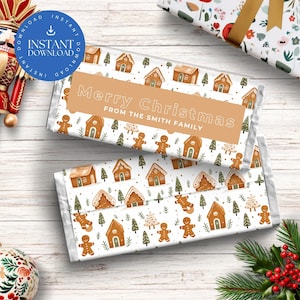 Szablon Canva na opakowanie na czekoladę z piernikowym ludzikiem i domkiem, edytowalna etykieta na cukierki, prezent dla sąsiada na ostatnią chwilę do wydrukowania