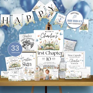 First Chapter Birthday Invitation Bundle, Book Party Pack for One Year Old, Library Theme Party Decorations, Storybook Birthday Kit FC2025