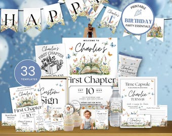 First Chapter Birthday Invitation Bundle, Storybook Party Printable Set, Editable First Birthday Decorations, Book Theme Party Decor FC2025