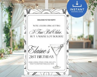 Placa de boas-vindas Tini Biter Older, decoração de aniversário editável, placa para festa temática de Martini, placa para impressão para qualquer idade (TO2025)