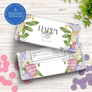 Watercolour Pastel Easter Hershey Bar Chocolate Wrapper Canva Template, Editable Easter Party Favour, Candy Bar Wrappers for Easter.