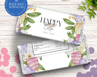 Watercolour Pastel Easter Hershey Bar Chocolate Wrapper Canva Template, Editable Easter Party Favour, Candy Bar Wrappers for Easter.