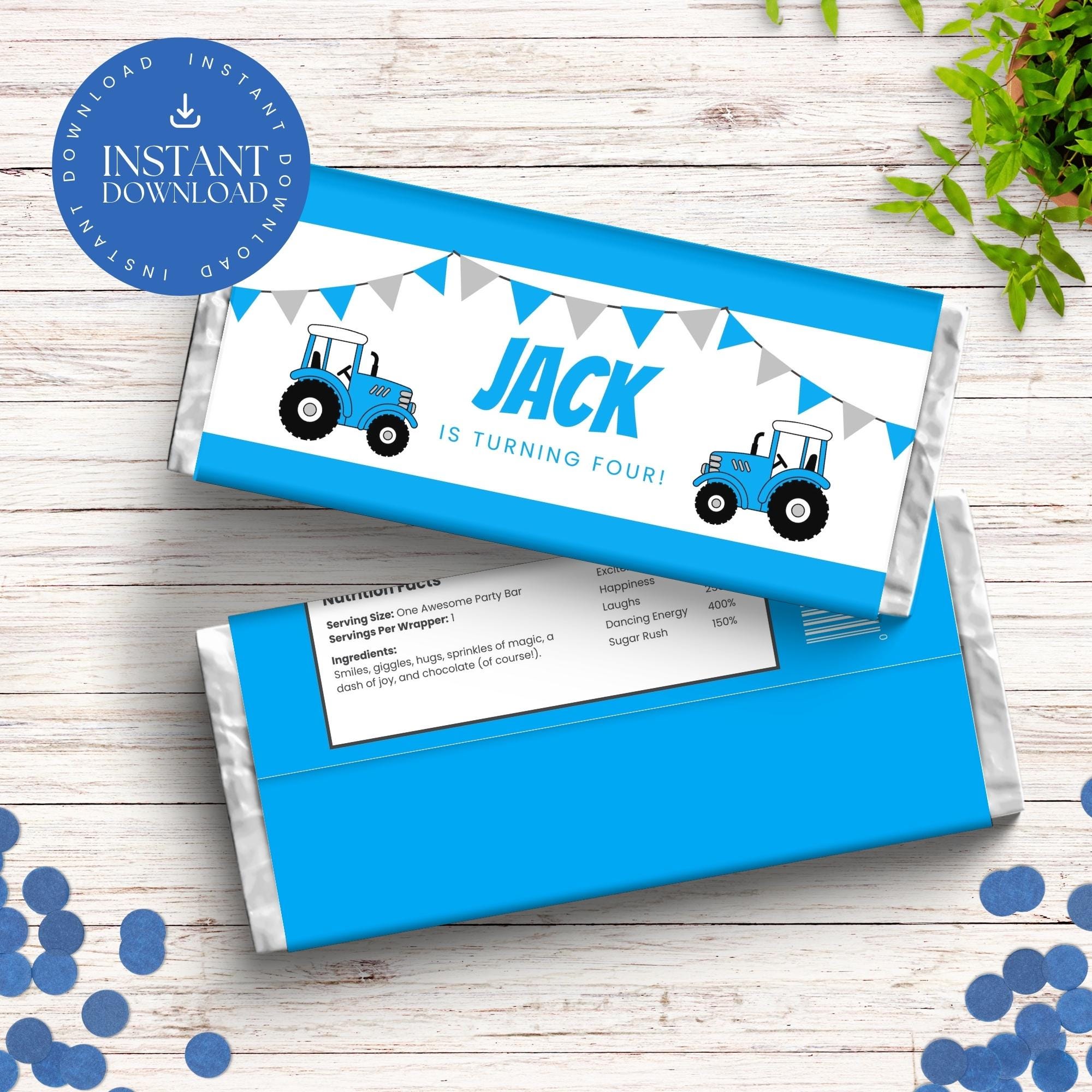 Blue Tractor Birthday Chocolate Bar Wrapper, Personalized Farm