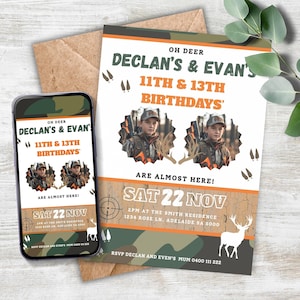 Inbjudan till födelsedag för tvillingjakt med foto, dubbel inbjudan till hjortjaktskamouflagefest, digital mall för kombinerat evenemang för pojkar HCP2024