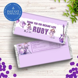 Rockstar Chocolate Wrapper, Music Party Favour Template, Purple Guitar Drum Popstar Theme, Rockstar Birthday Candy Label Printable PR2024