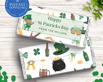 Sjabloon witte en groene St. Patrick's Day-chocoladeverpakking, afdrukbare cover groen bier candybar, Ierse partij gunst, instant DIY-verpakking