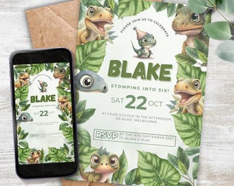 Digital födelsedagsinbjudan till grön dinosaurie, utskrivbar redigerbar mall för 6:e dinosauriefest, T-rex-barnfestinbjudan, direktnedladdning 26WC006
