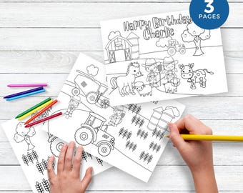 Farm Birthday Party Editable Colouring Pages Canva Template, Tractor Birthday Printable Party Favour, Farmer Celebration Children’s Activity