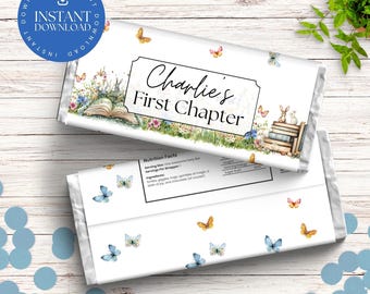 First Chapter Hershey Bar Wrapper Chocolate Canva Template, Editable Book Theme Party Favour, Candy Bar Wrappers for First Birthday FC2025
