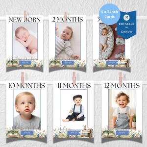 May include: A set of six 5x7 inch baby milestone cards, each featuring a photo and the month. The cards are clipped to a white background. Floral and book illustrations decorate the bottom of each card. The text "EDITABLE IN CANVA" is visible.