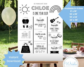 Black and White First Birthday Milestone Poster, Personalised Baby Birthday Board, Monochrome One Year Sign Editable Canva Template