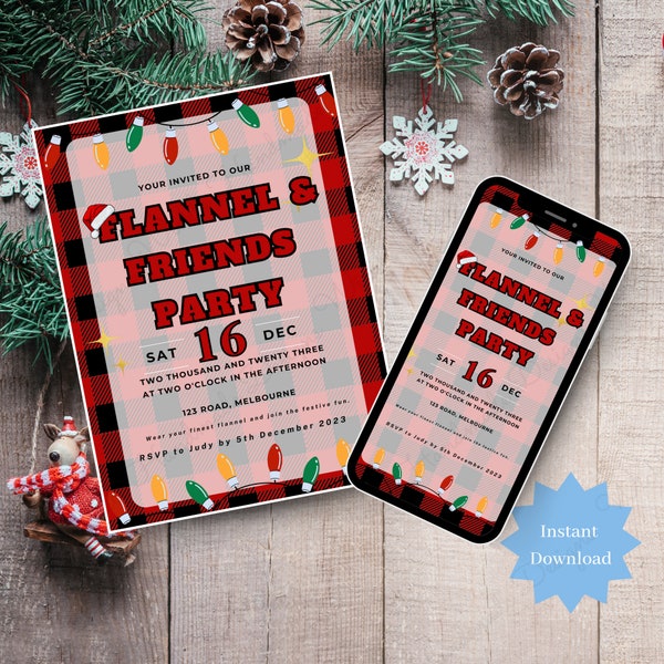 Flannel and Friends Weihnachtsfeier-/Arbeits-Weihnachtsfeier-/Weihnachtsessen-Einladung - Bearbeitbare Canva-Vorlage