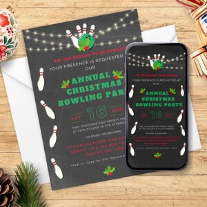 Christmas Bowling Party Invitation - Editable Ten Pin Bowling Invite Canva Template for Corporate & Work Holiday Party