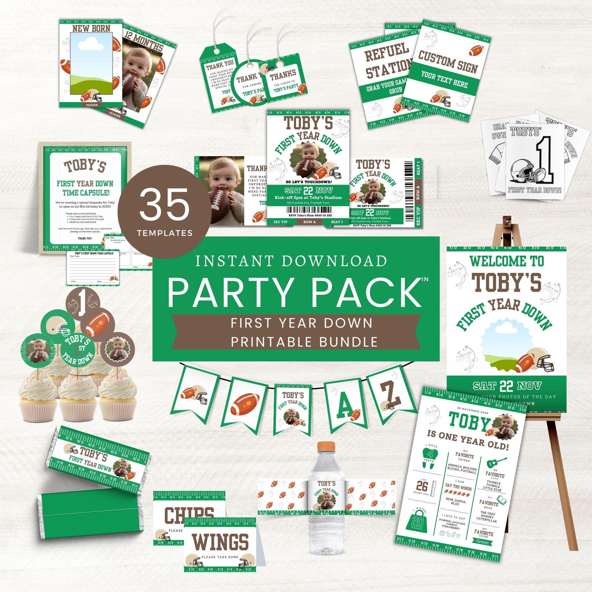 First Year Down Birthday Invitation Bundle, Football 1st