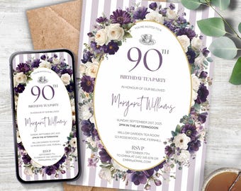 Invitación para fiesta de té con rosas moradas para el 90 cumpleaños, plantilla imprimible para la hora del té para personas de noventa años, invitación de cumpleaños vintage editable PT2025
