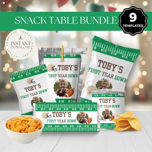First Year Down Birthday Snack Table Bundle, Football 1st Party Candy Bar, Juice Pouch, Chip Packet, Food Bag, Snack Can Templates FD2024