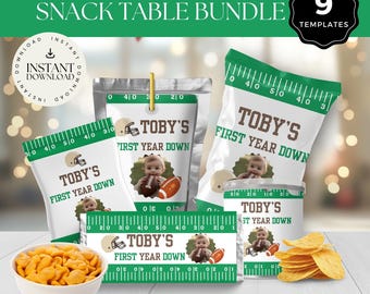 First Year Down Birthday Snack Table Bundle, Football 1st Party Candy Bar, Juice Pouch, Chip Packet, Food Bag, Snack Can Templates FD2024